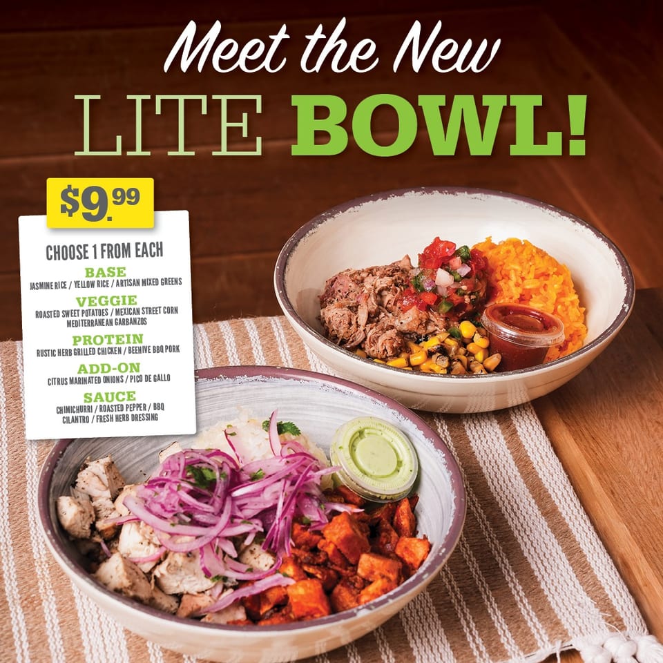Promotional image showing two colorful rice bowls with grilled meat, vegetables, sauces, and a $9.99 Lite Bowl menu.