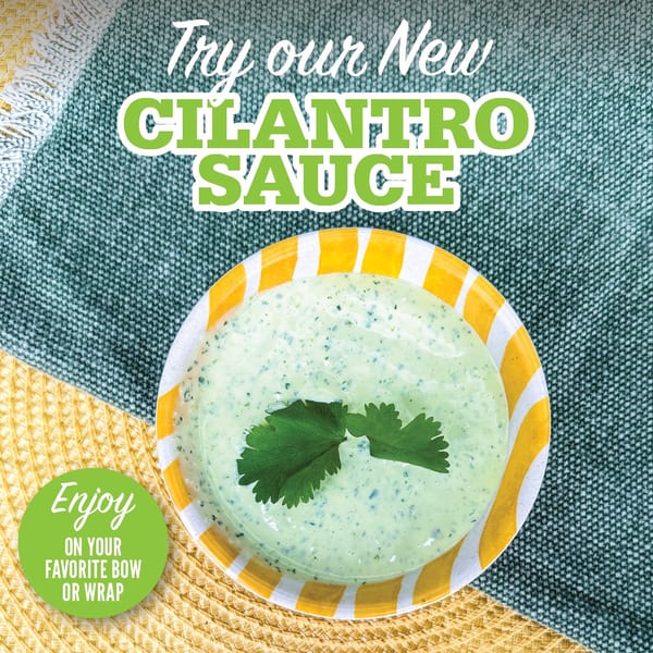 A bowl of creamy cilantro sauce with fresh cilantro leaves on a striped plate.