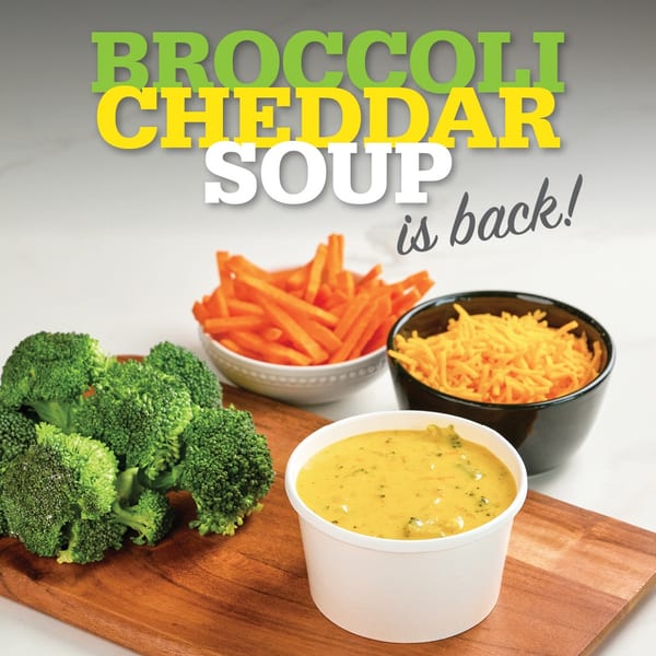 Broccoli cheddar soup in a white cup, with broccoli florets, shredded cheese, and carrot sticks.